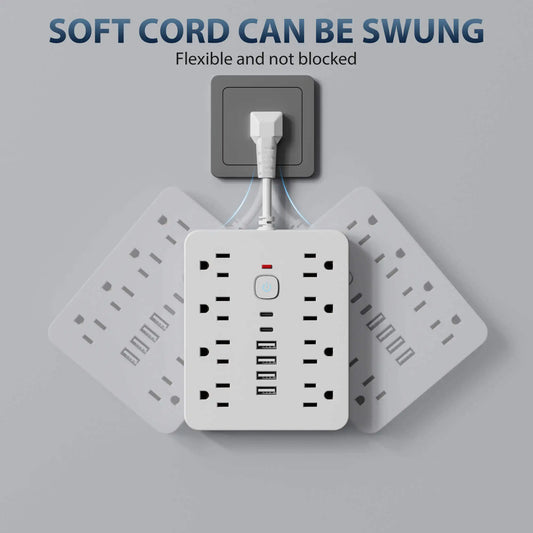 Power strip Surge protection and control switches. 8 AC power outlets and 6 USB ports (2 TYPE-C ports) in a short-cord design.